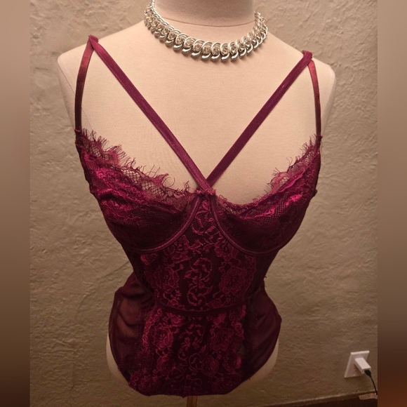 Fashion Nova Other - Burgundy Lace Strappy Bodysuit Lingerie Y2K Romantic Mesh Teddy (Size L)